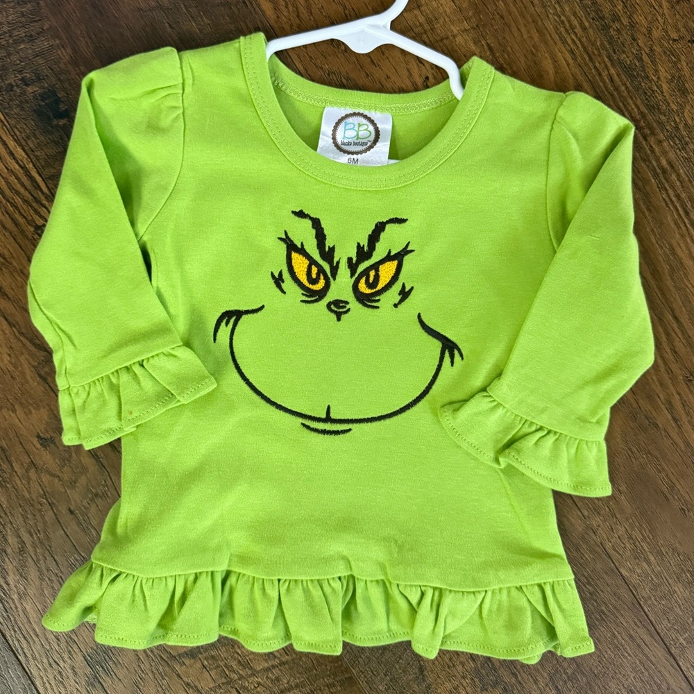 Grinch Christmas long sleeve Girl ruffle shirt
